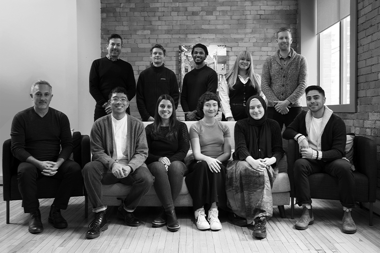 Photo of the Lanescape Architecture Inc. team. From left to right top to bottom: Alex Sharpe, Matthew Hagen, Ryan Fernandes, Sarah Tyl, Craig Race, Andrew Sorbara, Ron Adriano, Bruna Mendes, Kate Jones, Heba Al-Fayez & Armando Gutierrez